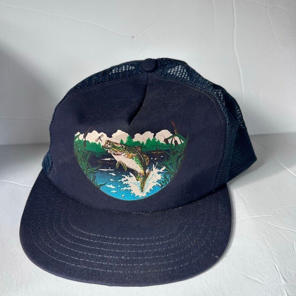 Vintage Bass Fish Fishing Navy Blue P Cap Hat